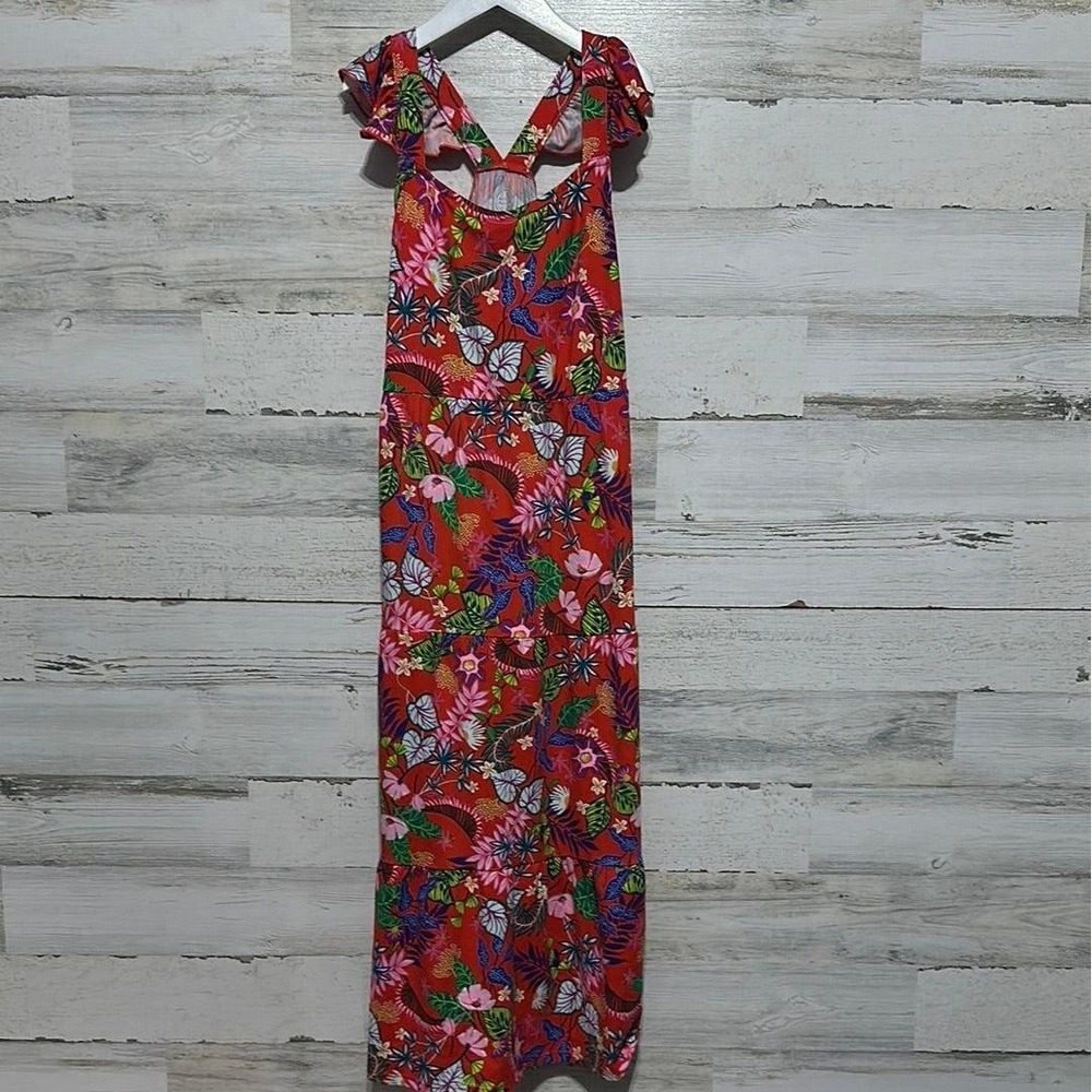 Wonder Nation Maxi Dress Girls 10/12 Red Tropical Floral Ruffle Tiered EUC
